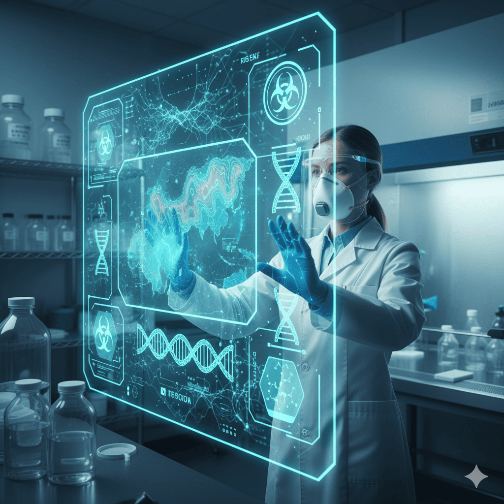 A scientist in full protective gear works in a modern lab, interacting with a large transparent holographic screen displaying DNA strands, molecular diagrams, maps, and biohazard symbols, with lab bottles and equipment visible in the background.