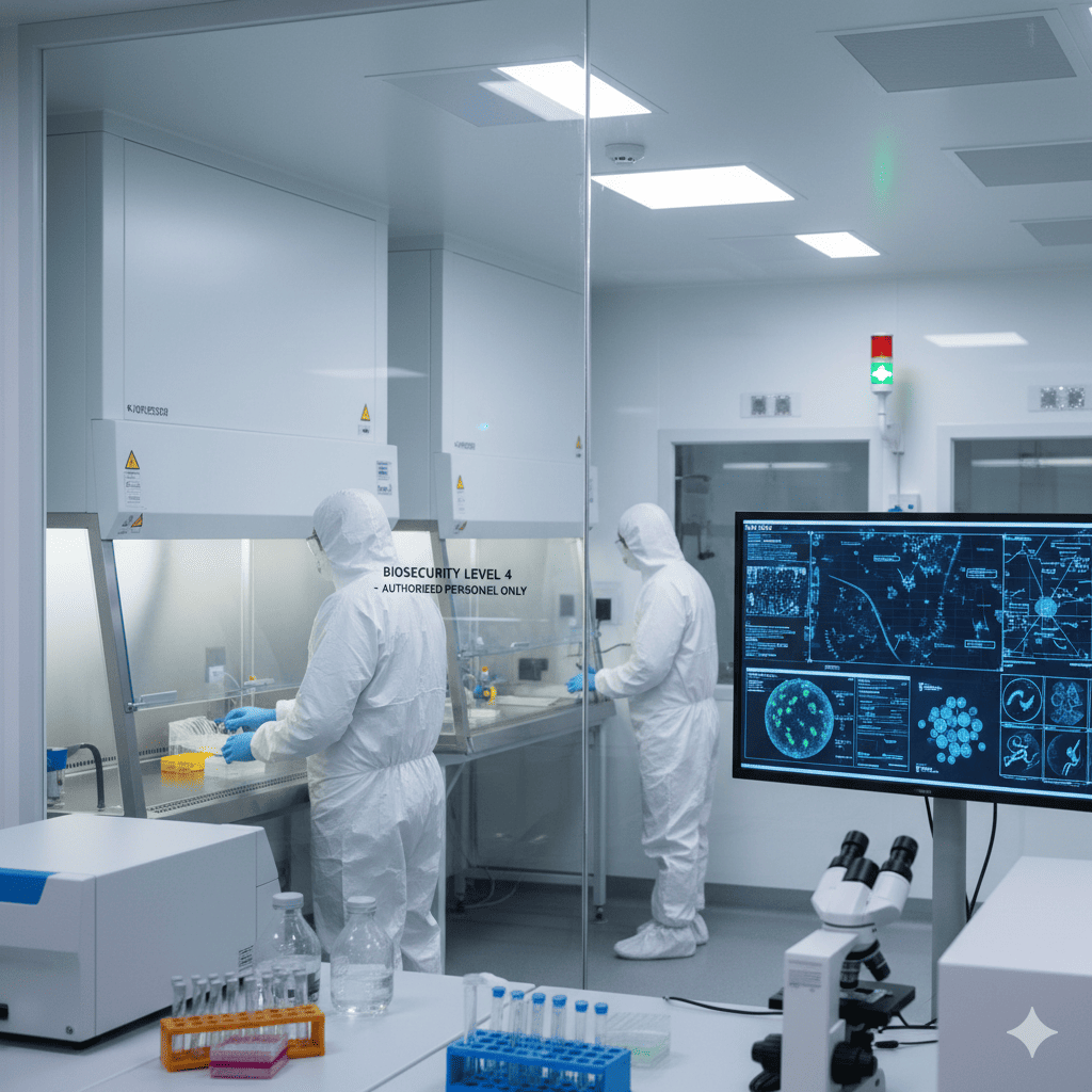 Scientists in full-body protective suits work at biosafety cabinets inside a bright BSL-4 laboratory, seen through glass, with a large monitor showing complex biological data and a microscope and test tubes in the foreground.