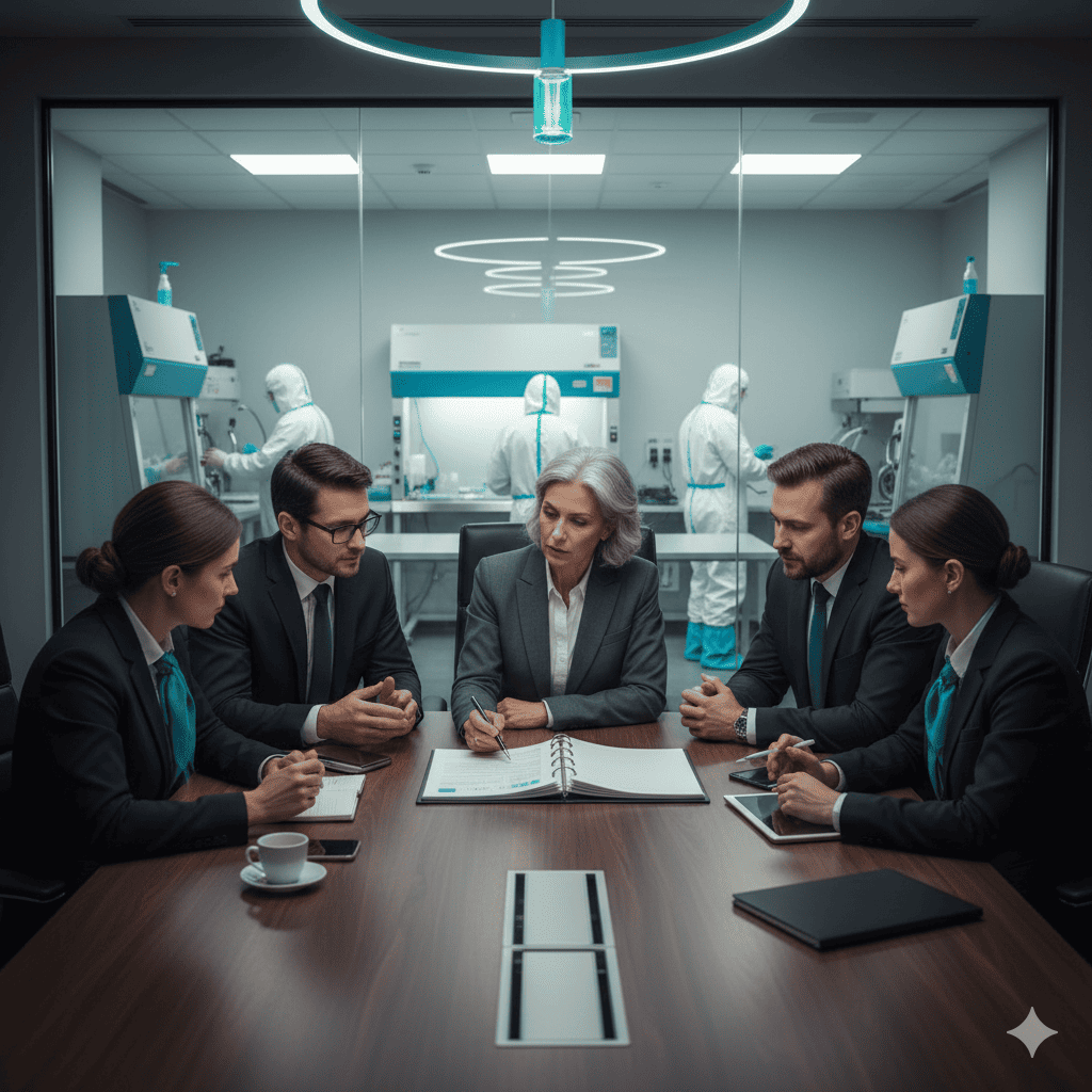 A group of five executives in business suits sit around a conference table reviewing documents, while behind a glass wall technicians in full protective suits work at biosafety cabinets in a modern laboratory.