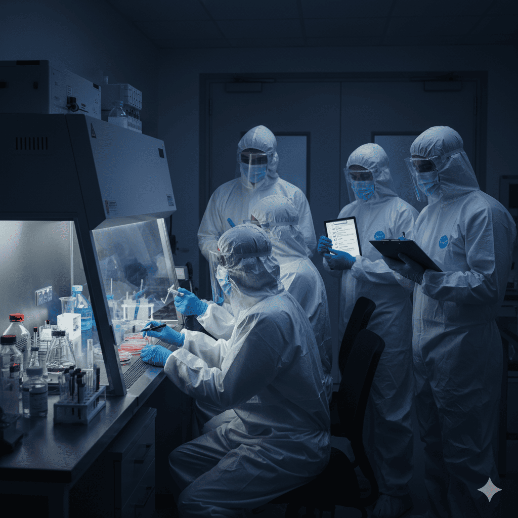 A team of five scientists in full-body protective suits and face shields work in a dimly lit lab, with two seated at a biosafety cabinet handling samples while the others stand behind them reviewing a tablet and clipboard amid bottles and lab equipment.